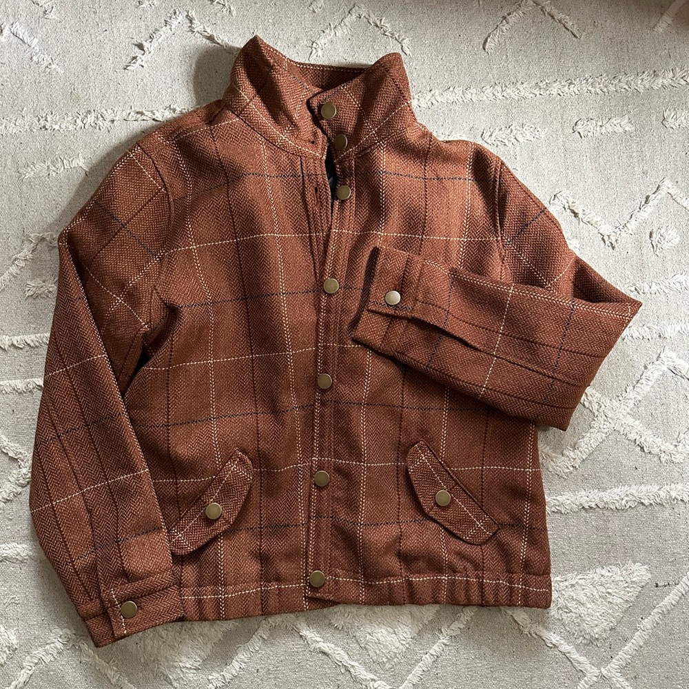 Vintage Funnel Neck Cropped Brown Plaid Jacket Coat